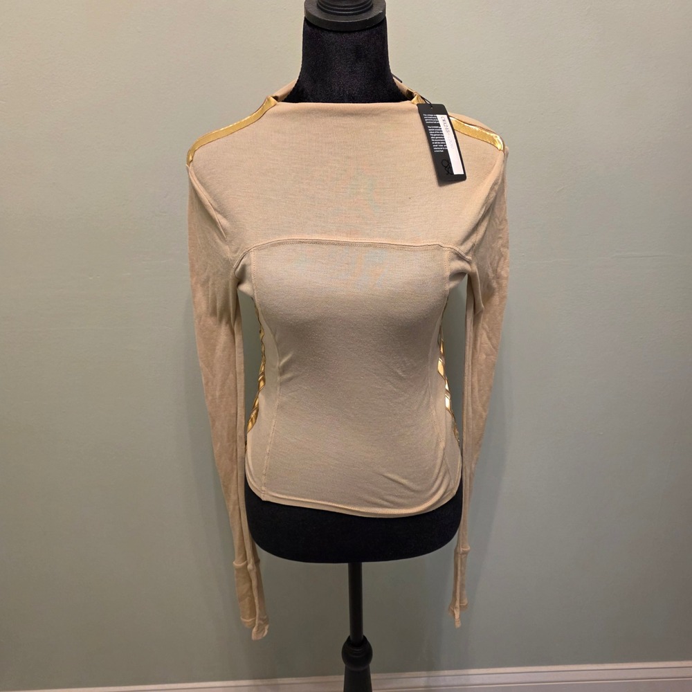 Chaser Womens Ribbed Mock Neck Top Tan Gold Metallic Trim Long Sleeve Small NWT